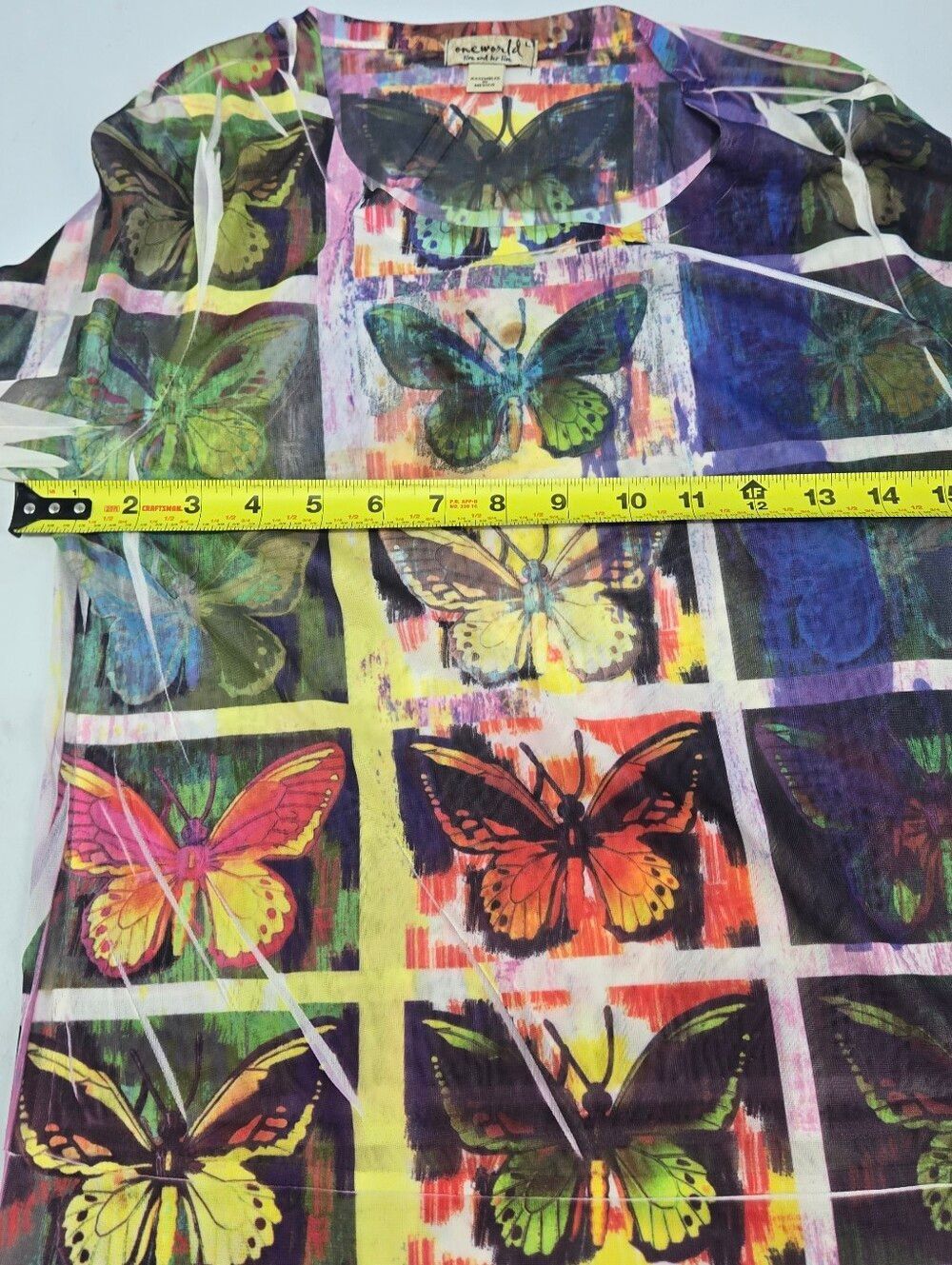 ONE WORLD Multicolor Butterfly Grid Long Sleeve Sheer Top L - Picture 7 of 7